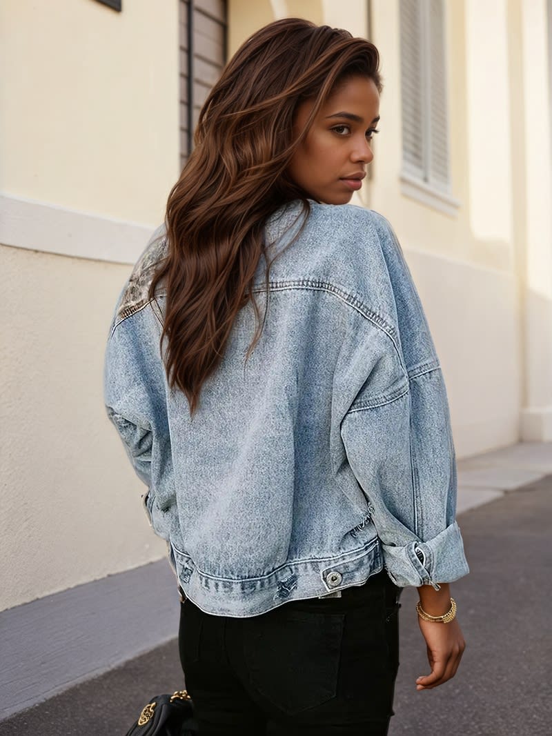 Wear And Tear Denim Jacket, Women’s Leopard Patch Short Jacket, Fashionable Street Outdoor Style, Women’s Leopard Print Denim Jacket, Cool And Casual view 3