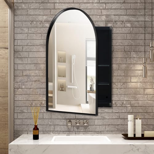 24x36 Inch Arched Recessed Medicine Cabinet, Metal Framed Bathroom Wall Cabinet With Mirror And Adjustable Shelves, Wall Mirror With Storage For Bathroom, Matte Black view 7