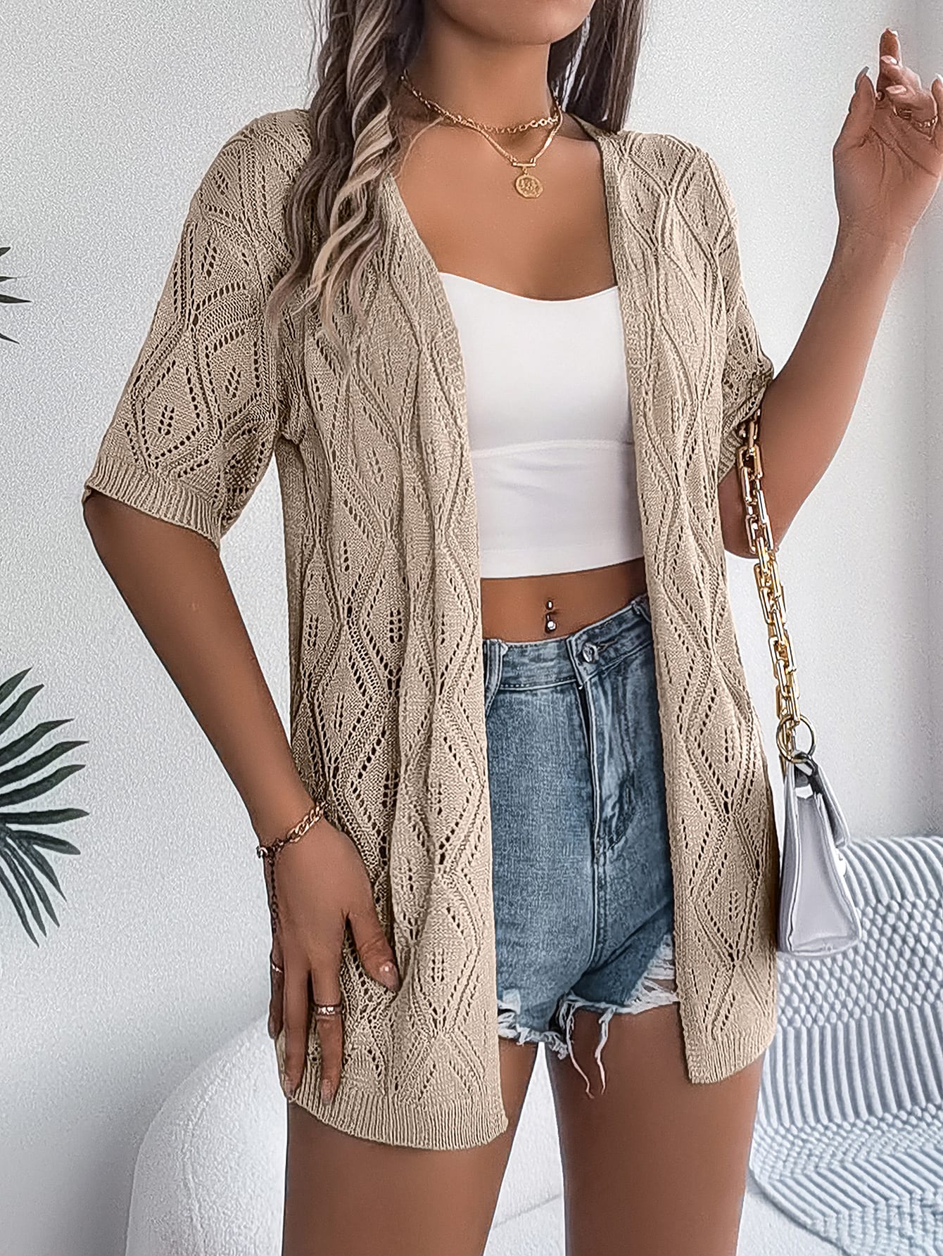 Women S Hollow Out Plaid Short Sleeve Knit Beach Cover-Up view 12