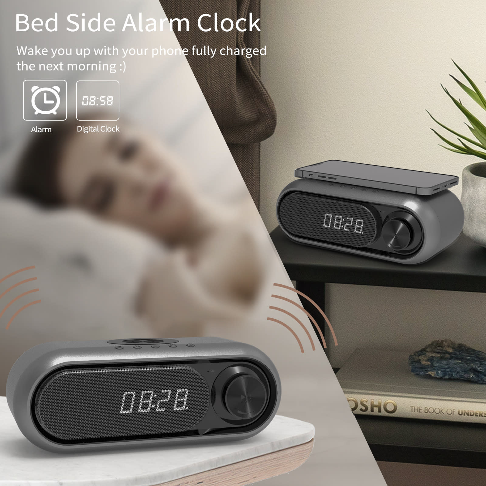 Bedside Wireless Charging Audio LED Alarm Clock view 6