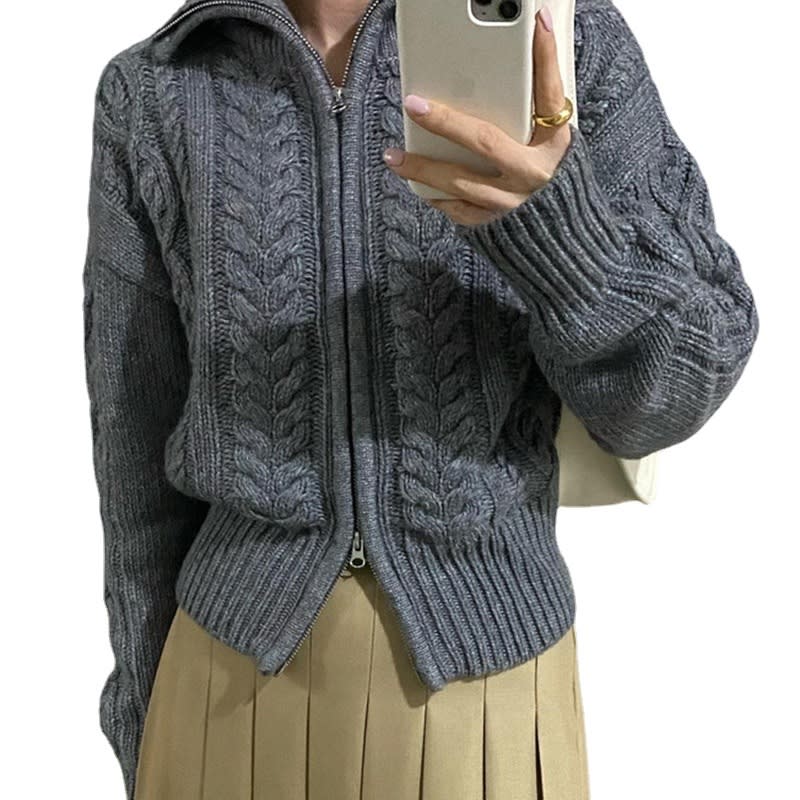 Retro Lapel Lapel Double Zipper Design Sweater view 5