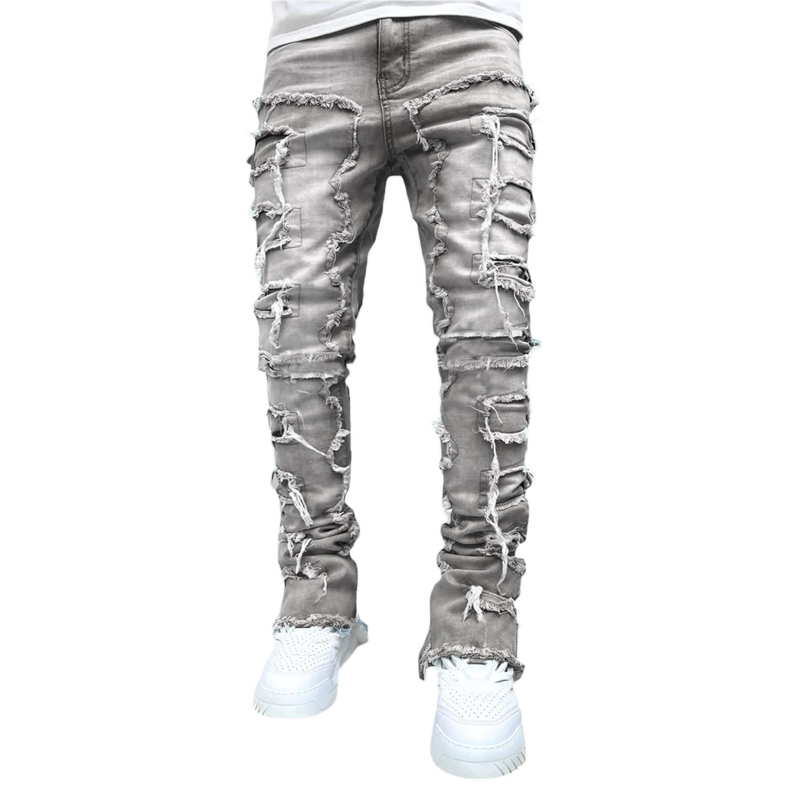Ins Fringes Ripped Trousers Individual Patched Pants Long Tight Fit Stacked Jeans For Mens Clothing view 5