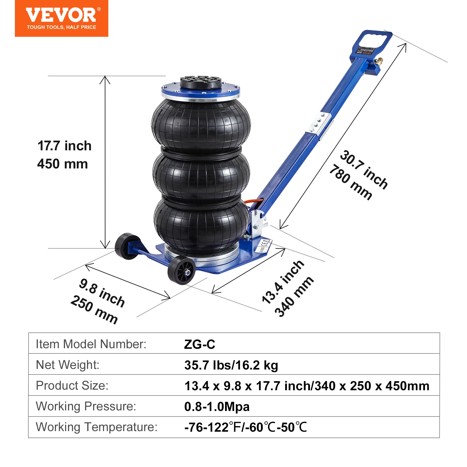 VEVOR Air Jack, 3 Ton 6600 Lbs Triple Bag Air Jack, Airbag Jack With Six Steel Pipes, Lift Up, 3-5 S Fast Lifting Pneumatic Jack, With Adjustable Long Handles For Cars, Garages, Repair Blue view 2