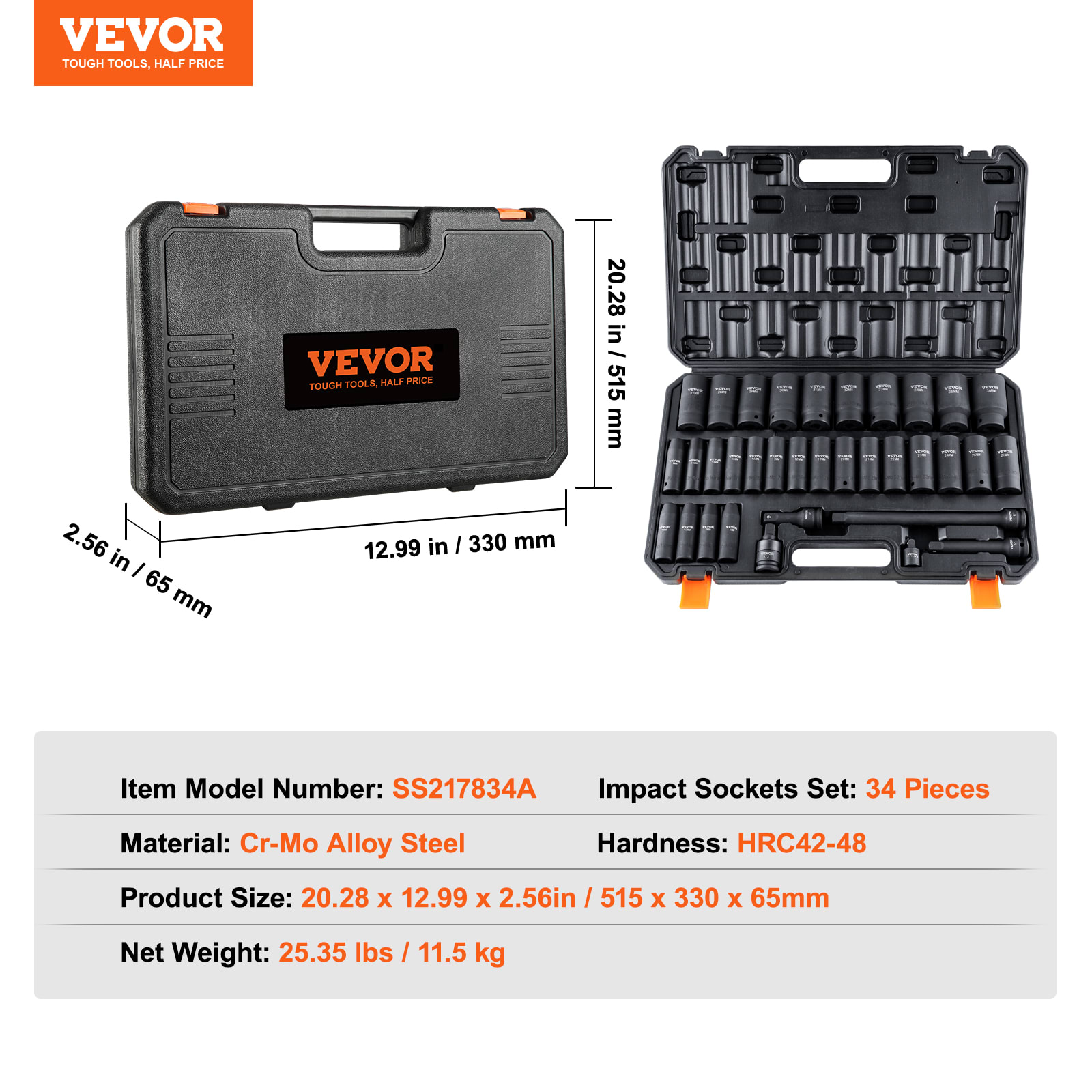 VEVOR  Drive Deep Impact Socket Set, 34pcs Socket Set Metric 8-36mm 6 Point Cr-MO Alloy Steel For Auto Repair, Rugged Construction, Includes Heavy Duty Storage Case view 2