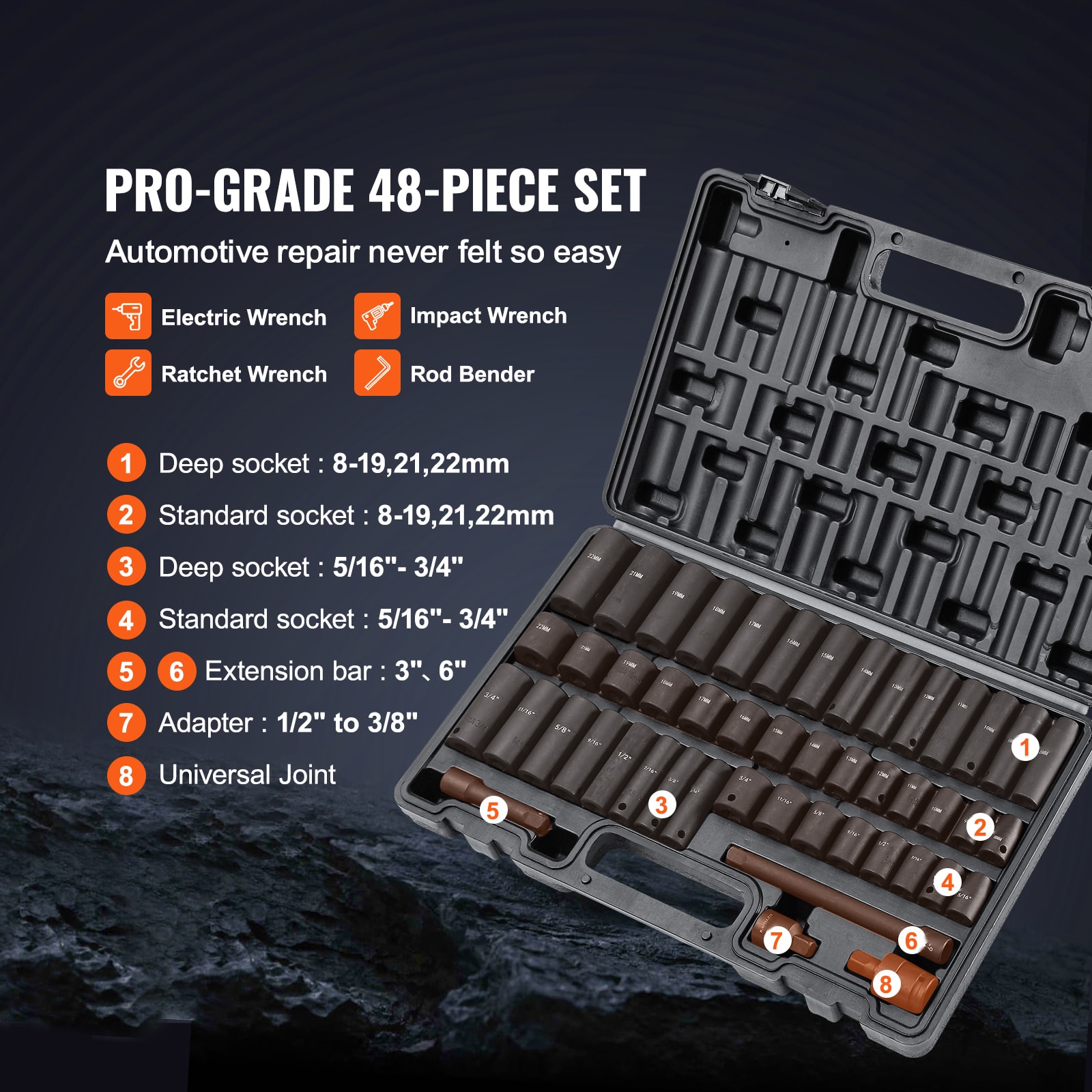VEVOR Rive Impact Socket Set, 48 Piece Socket Set SAE  & Metric 8-22mm 6 Point Cr-V Drive Extension Bar Universal Joint & Power Drill Adapter Includes Storage Case view 1