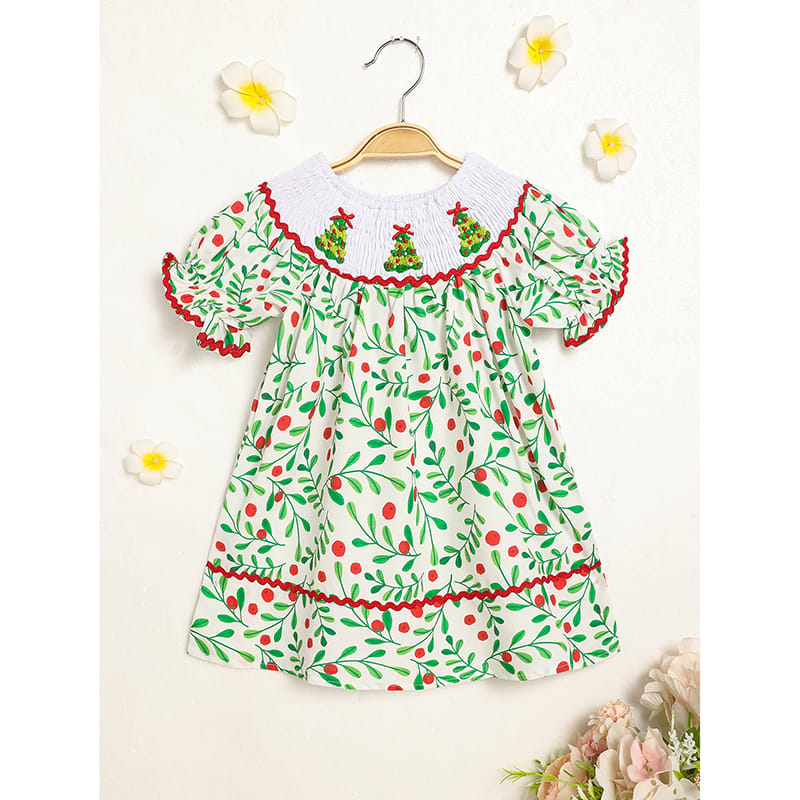 Toddler Infant Baby Girls Christmas Dress Short Sleeve Christmas Tree Embroidered Plaid Casual Party Dresses view 2