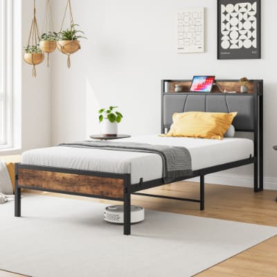 Twin Size Bed Frame, Storage Headboard With Charging Station, Solid And Stable, No Box Spring Needed, Easy Assembly view 5