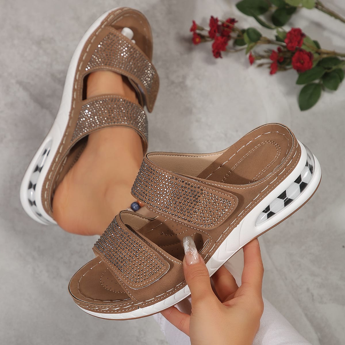 New Air Cushion Wedges Sandals Summer Casual Rhinestone Slides Roman Sandals For Women Non-slip Beach Shoes view 2