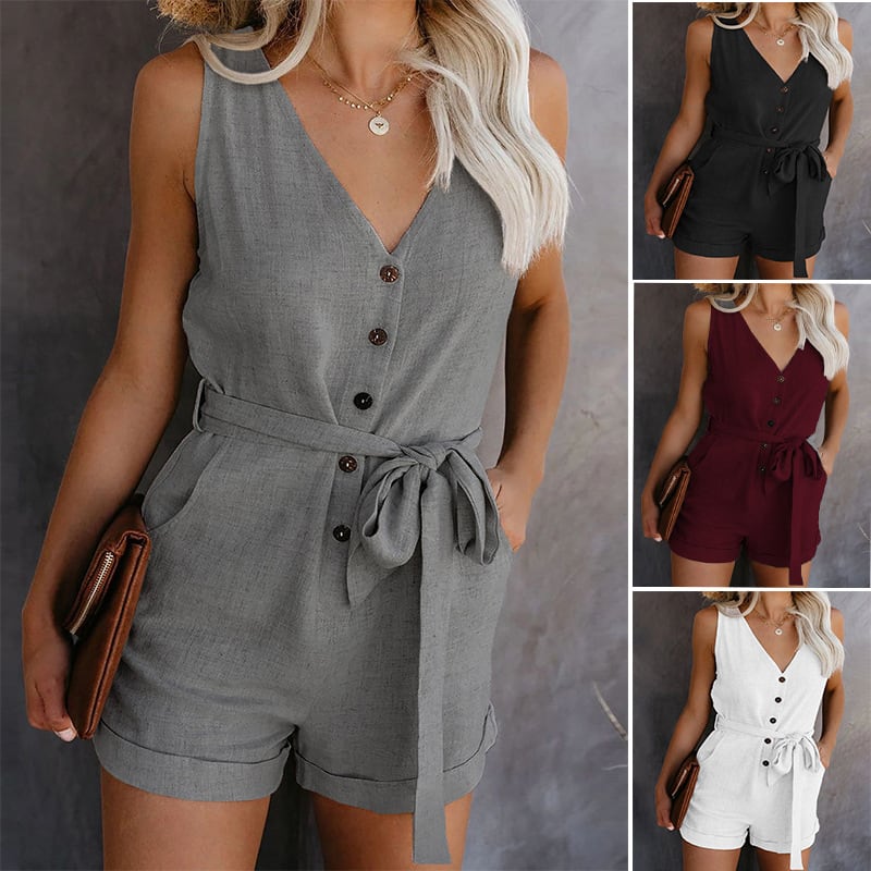 Women's V-Neck Jumpsuit Summer Casual Lightweight One-Piece Pants Solid Color Outfit For Women view 3