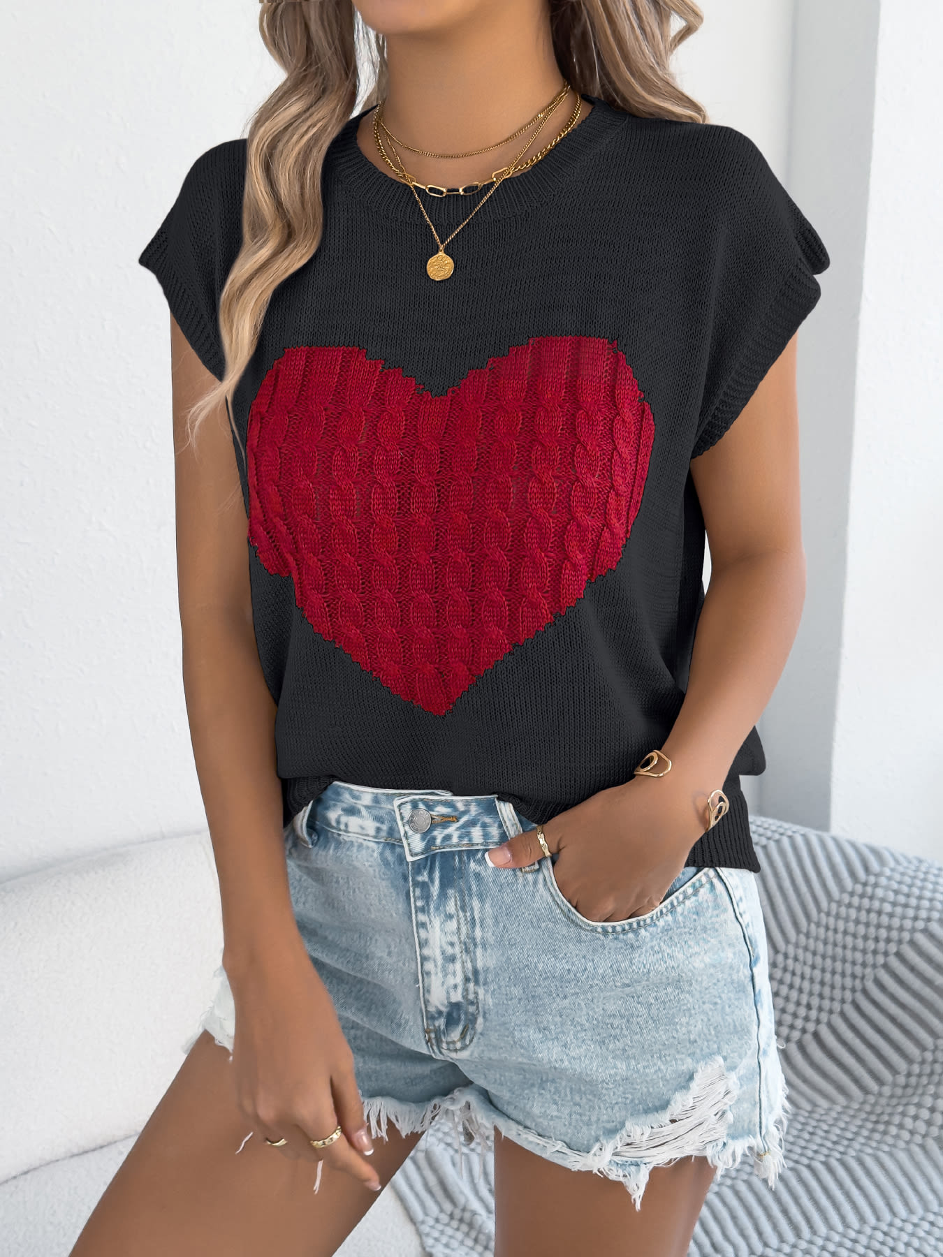Women S Color Block Heart Loose Knit Valentine S Sweater Top view 15