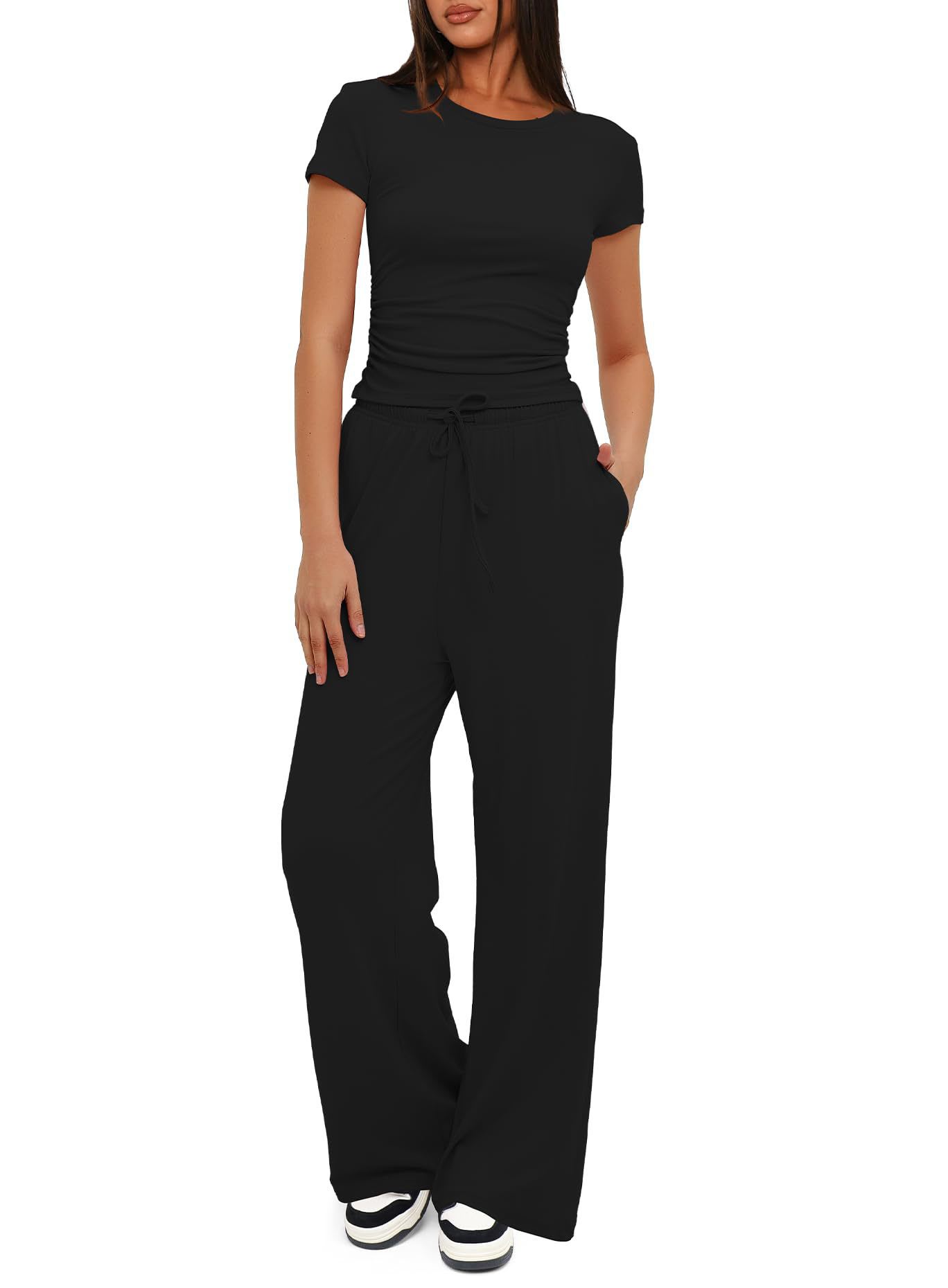 2pcs Solid Color Casual Sports Yoga Suit Short-sleeved Top And High-waisted Drawstring Wide-leg Pants Summer Fashion Set For Womens Clothing view 3