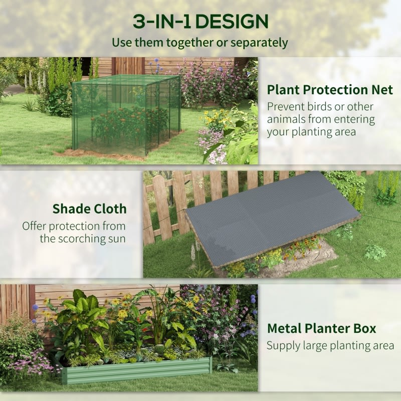 Galvanized Steel Planter Box With Crop Cage And Shade Cloth, Raised Garden Bed-Green view 2
