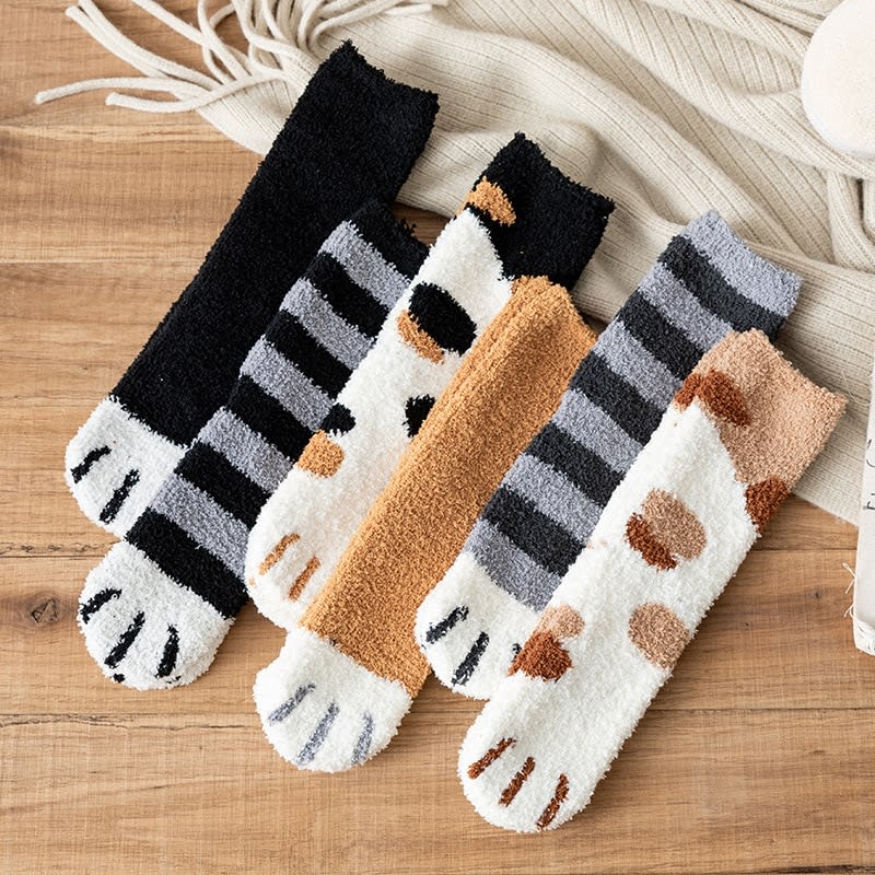 Women's Coral Fleece Cat Paw Pattern Kawaii Thick Warm Socks view 21