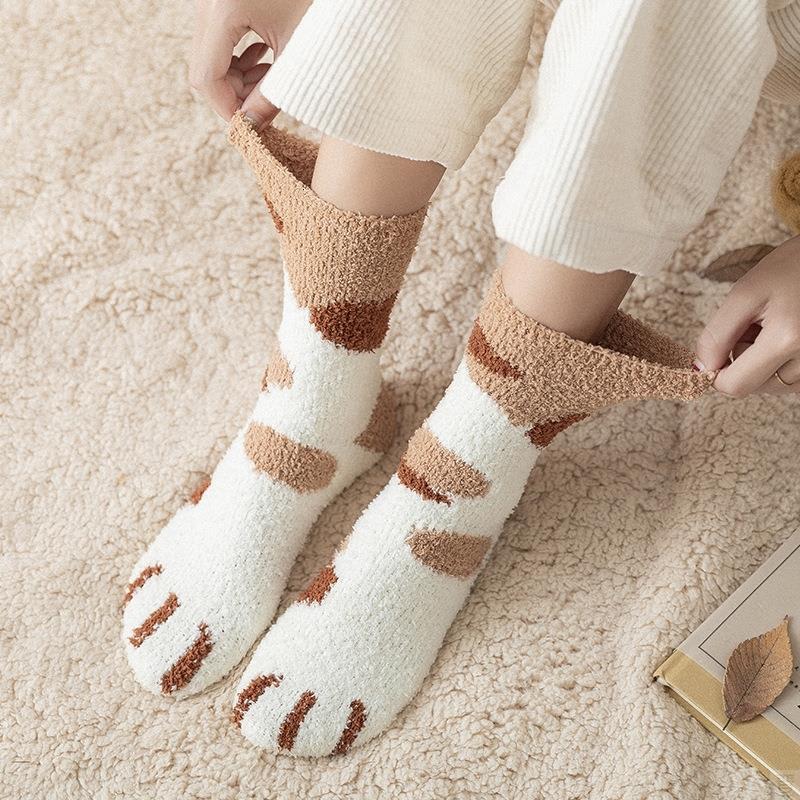 Women's Coral Fleece Cat Paw Pattern Kawaii Thick Warm Socks view 13