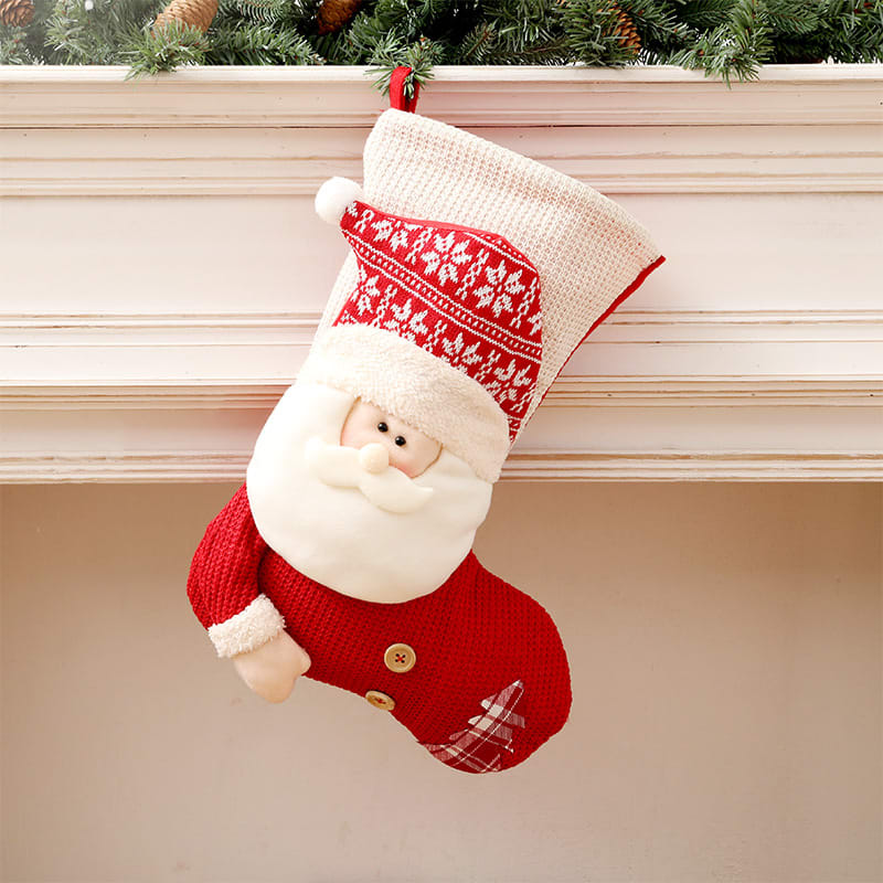 Large Red White Knitted Christmas Stocking Santa Claus Fireplace Decor Socks Xmas Gift Bags Candy Holder Decor For Home view 3