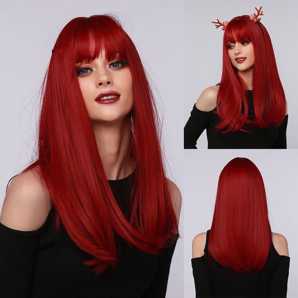 Red Brown Black Multicolor Qi Bangs Medium Length Straight Hair view 6