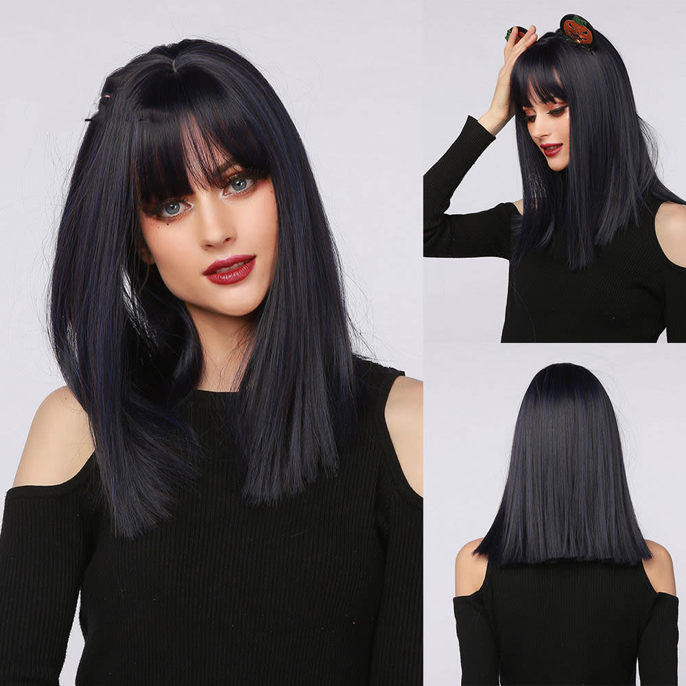 Red Brown Black Multicolor Qi Bangs Medium Length Straight Hair view 3