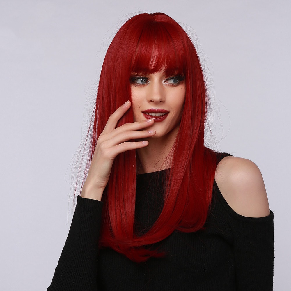 Red Brown Black Multicolor Qi Bangs Medium Length Straight Hair view 2