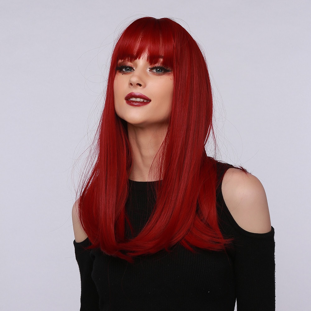 Red Brown Black Multicolor Qi Bangs Medium Length Straight Hair view 5