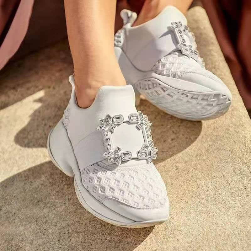 Rhinestone Square Buckle Breathable Mesh Casual Baotou Half Slippers view 2