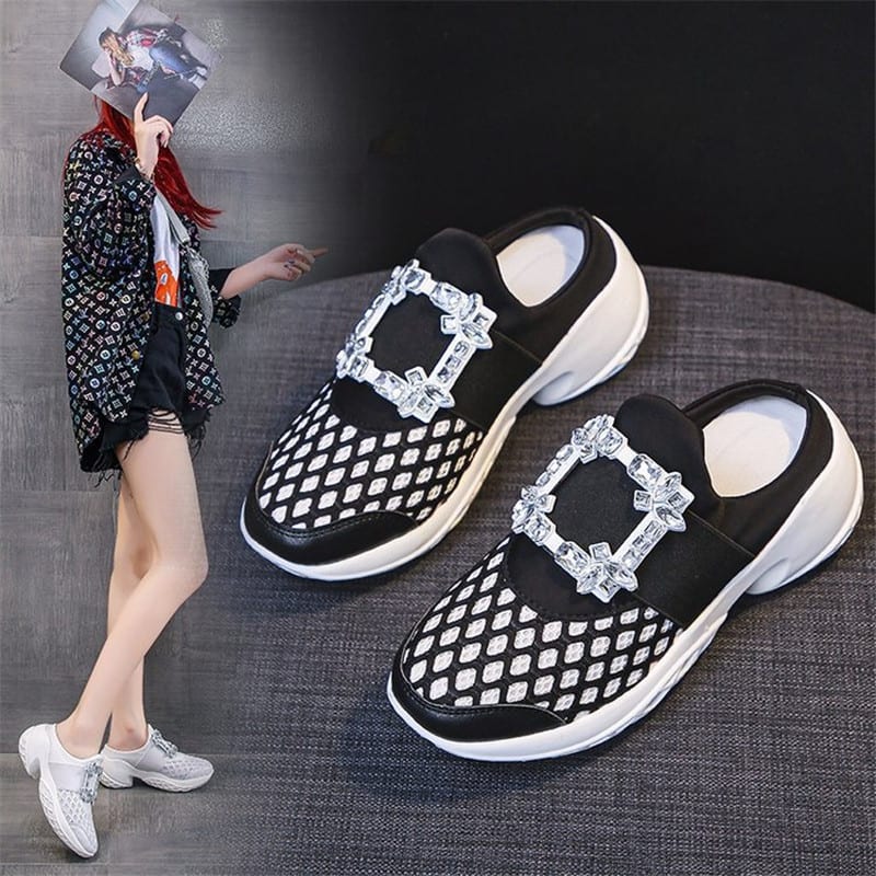 Rhinestone Square Buckle Breathable Mesh Casual Baotou Half Slippers view 4