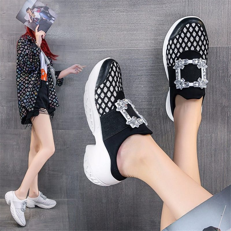 Rhinestone Square Buckle Breathable Mesh Casual Baotou Half Slippers