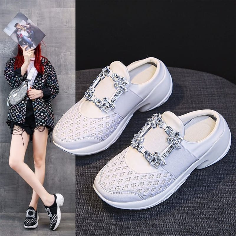 Rhinestone Square Buckle Breathable Mesh Casual Baotou Half Slippers view 6
