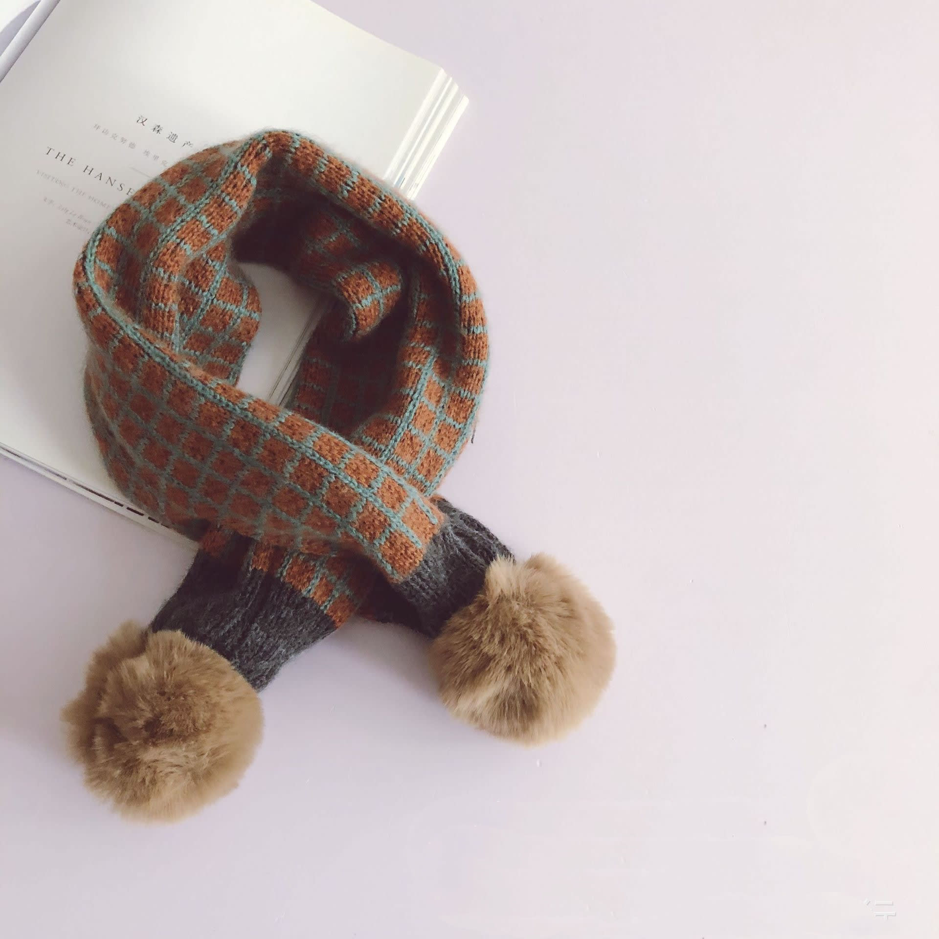 Small Square Plaid Color Matching Big Hair Ball Children's Pullover Scarf view 5