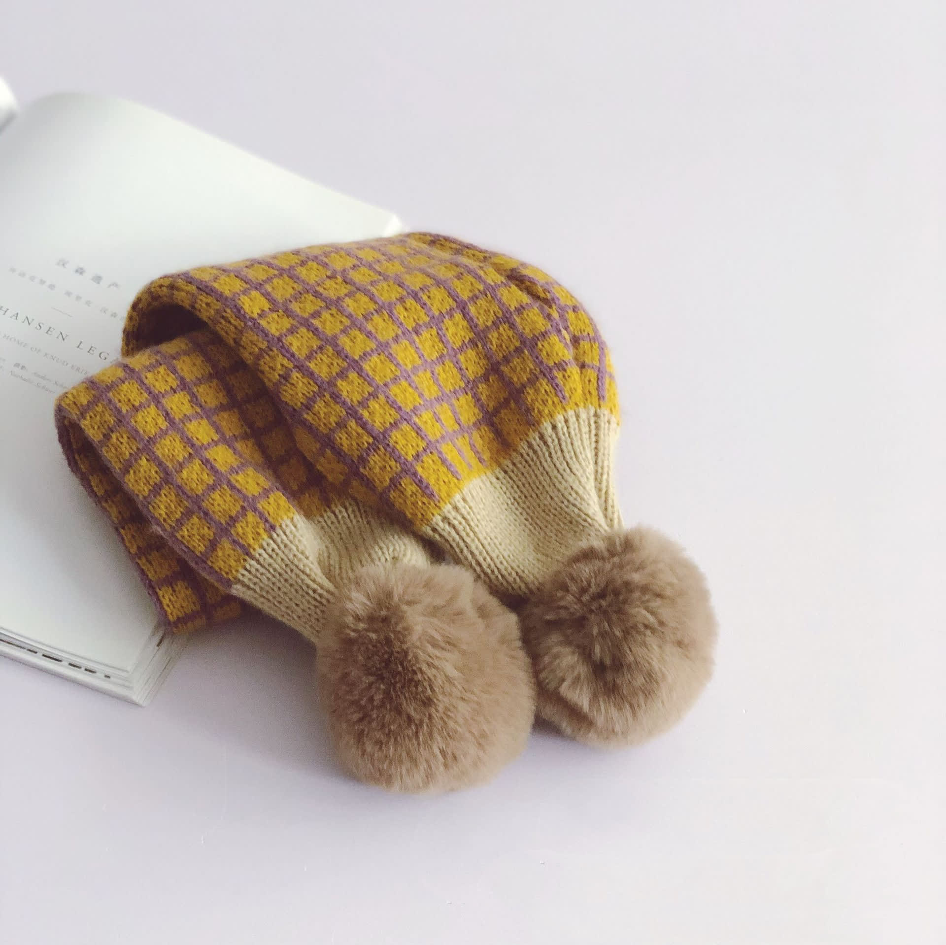 Small Square Plaid Color Matching Big Hair Ball Children's Pullover Scarf view 2