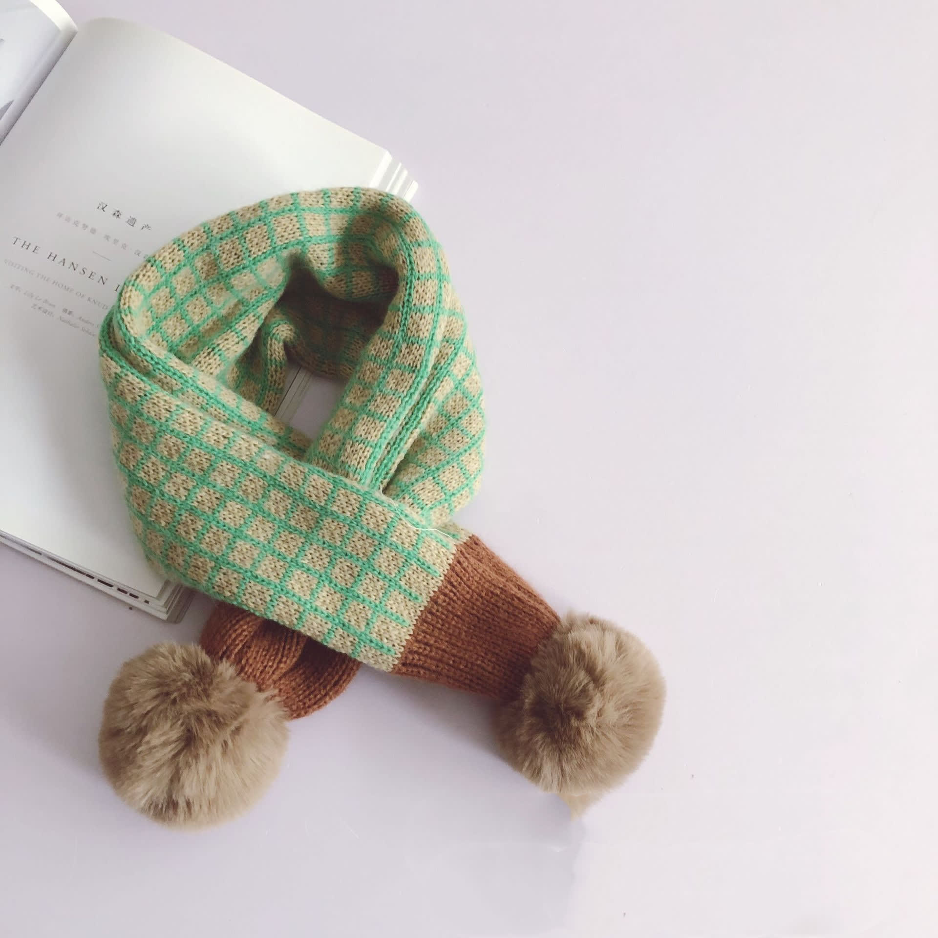 Small Square Plaid Color Matching Big Hair Ball Children's Pullover Scarf view 3