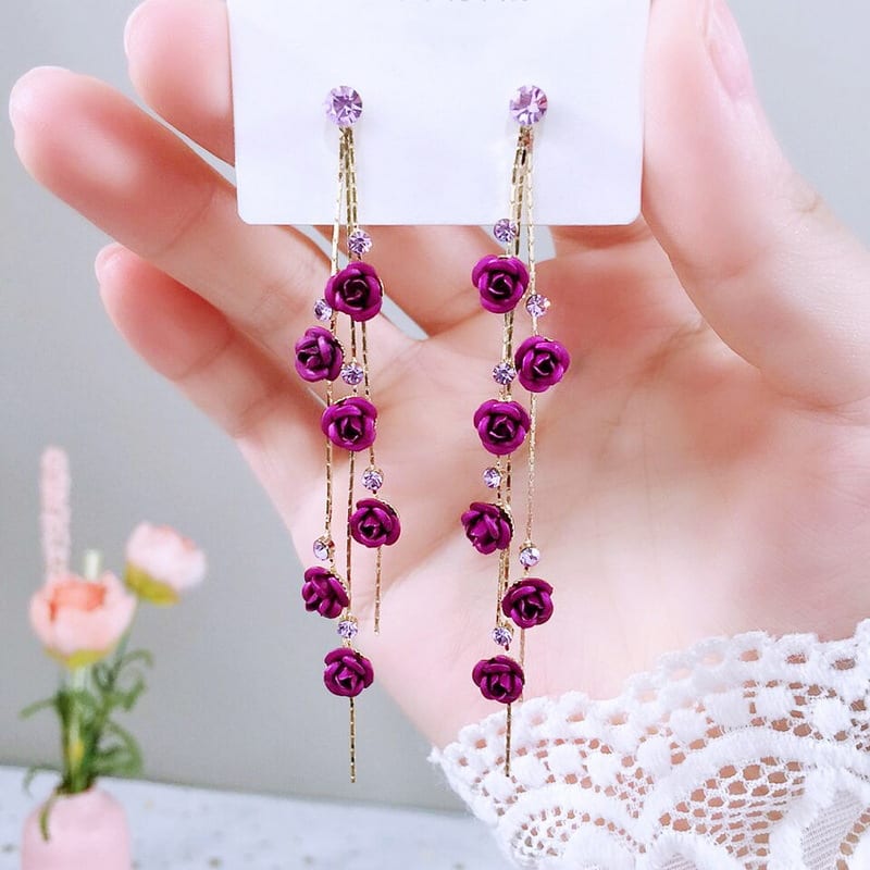 Flower Long Earrings Wild Red Rose Flower Long Rhinestone Tassel Earrings Earrings view 6