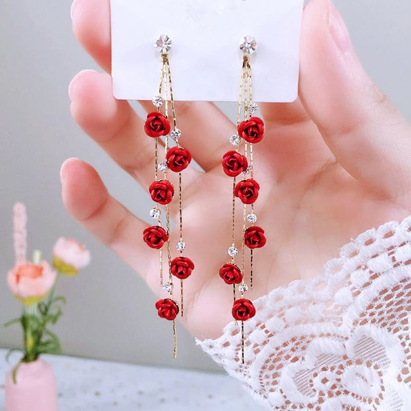 Flower Long Earrings Wild Red Rose Flower Long Rhinestone Tassel Earrings Earrings view 7