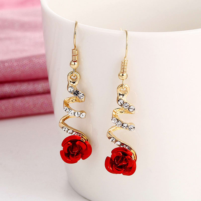 Flower Long Earrings Wild Red Rose Flower Long Rhinestone Tassel Earrings Earrings view 5
