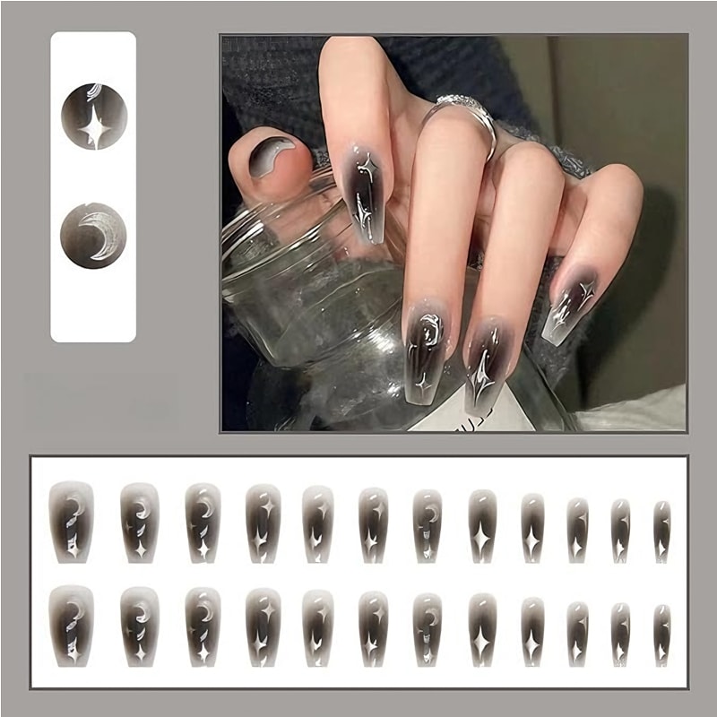 24 PCS Black Silver Star Nail Art, Long Length Long Water Pipe Fake Nails,Square Head Nail Tips False Nail view 5