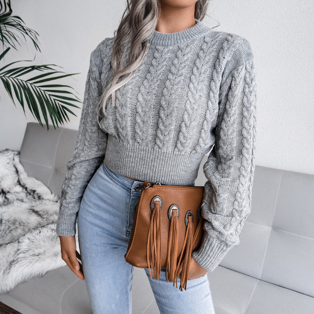 Cable Knit Waist Cinched Cropped Sweater view 8