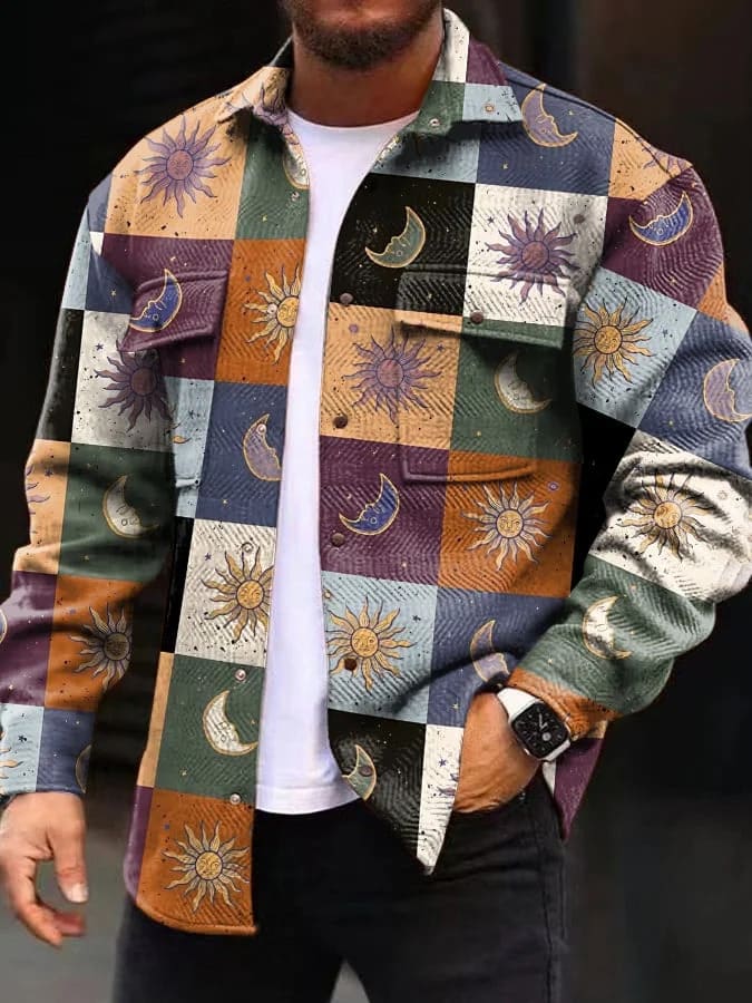 Printing Lapel Men's Jacket Single-breasted Plaid Top view 21