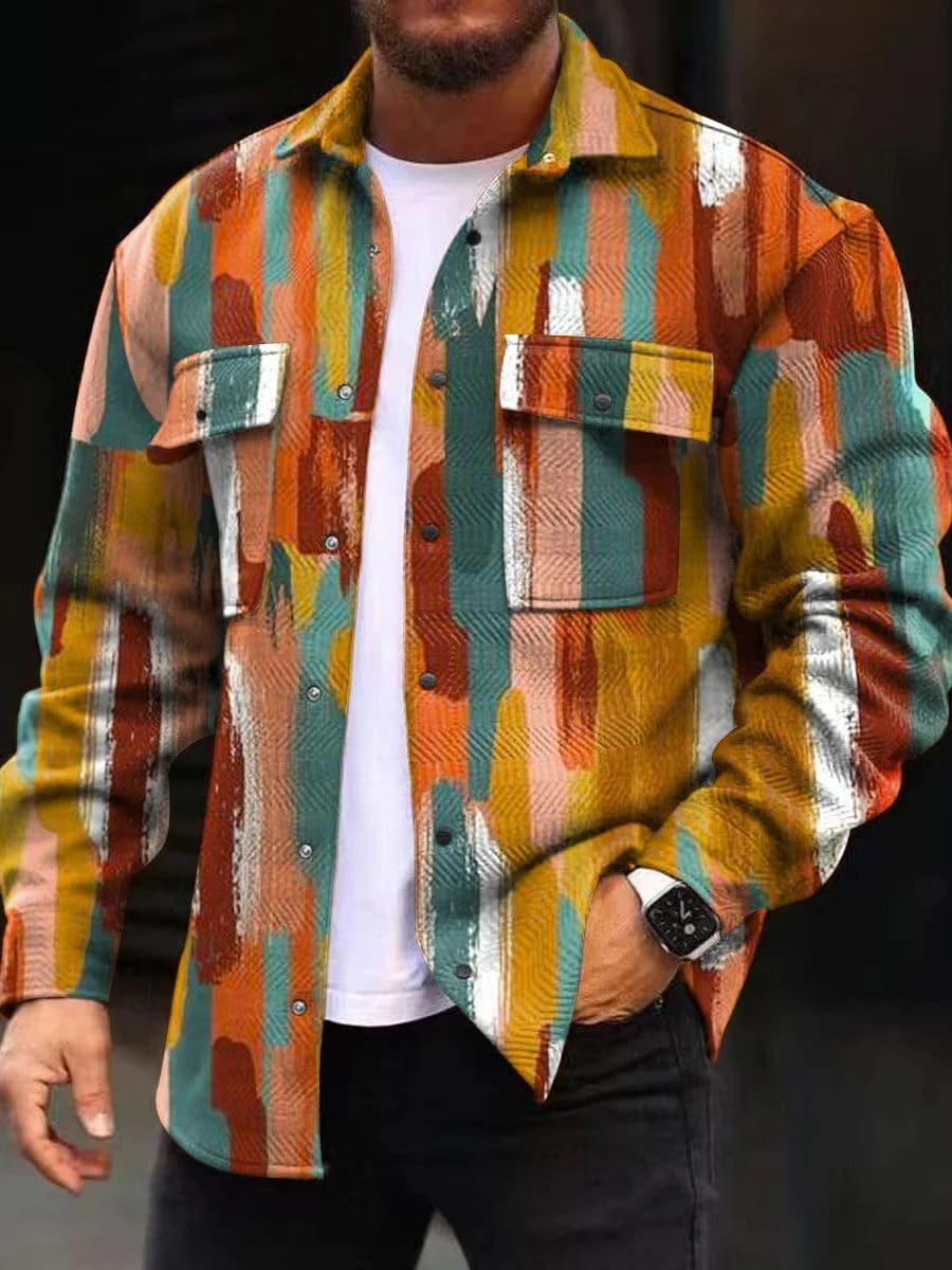 Printing Lapel Men's Jacket Single-breasted Plaid Top view 13