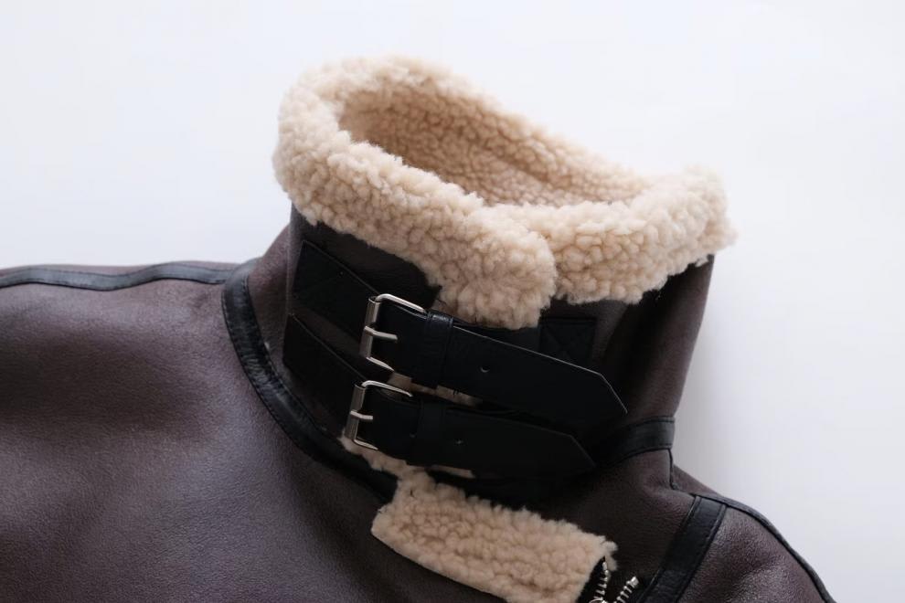Women's Suede Fur Integrated Motorcycle Jacket view 14