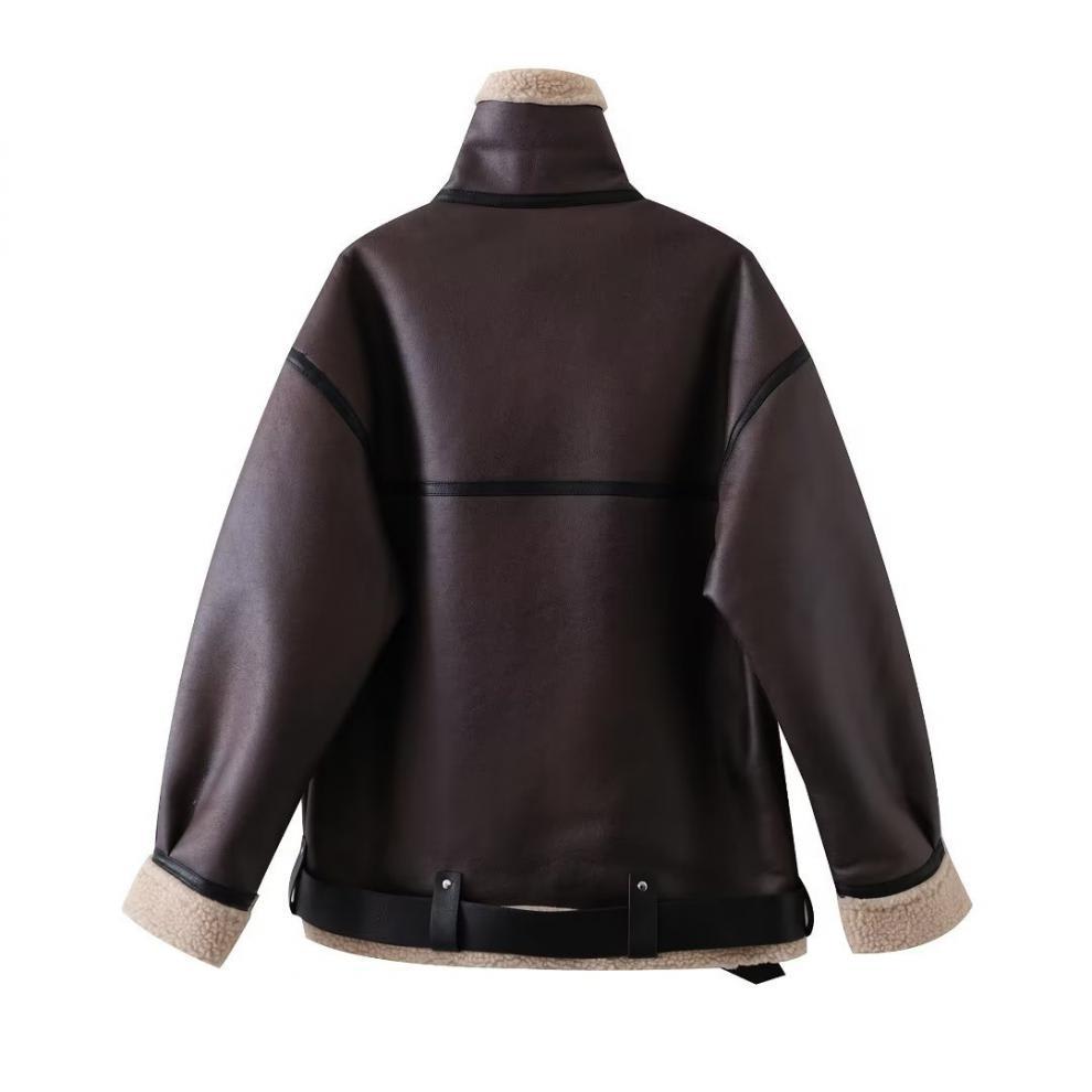 Women's Suede Fur Integrated Motorcycle Jacket view 8