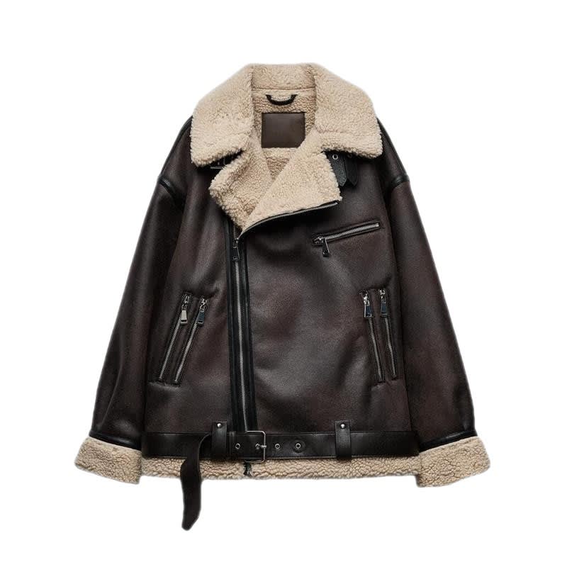 Women's Suede Fur Integrated Motorcycle Jacket view 20