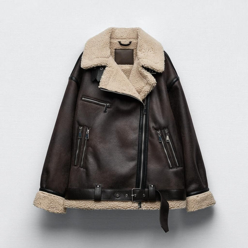 Women's Suede Fur Integrated Motorcycle Jacket view 11