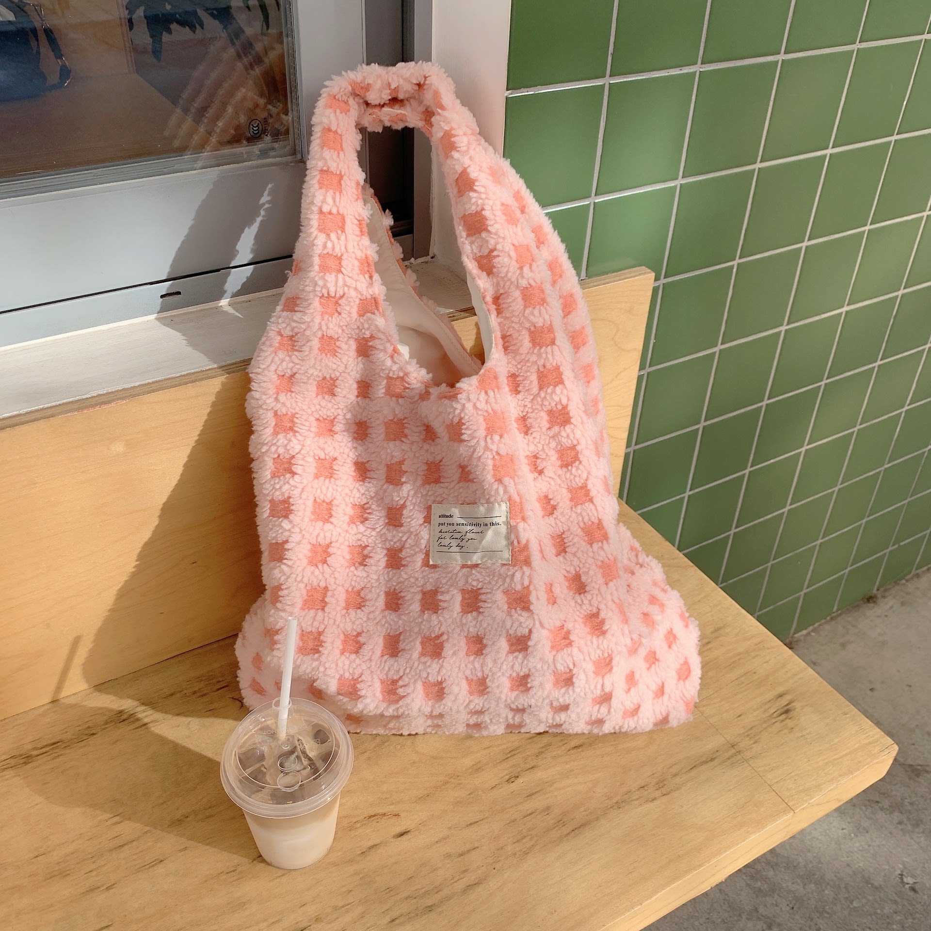 Waffle Flannel Bag Tote Bag Large Capacity Commute Minimalist Student Class Bag view 4