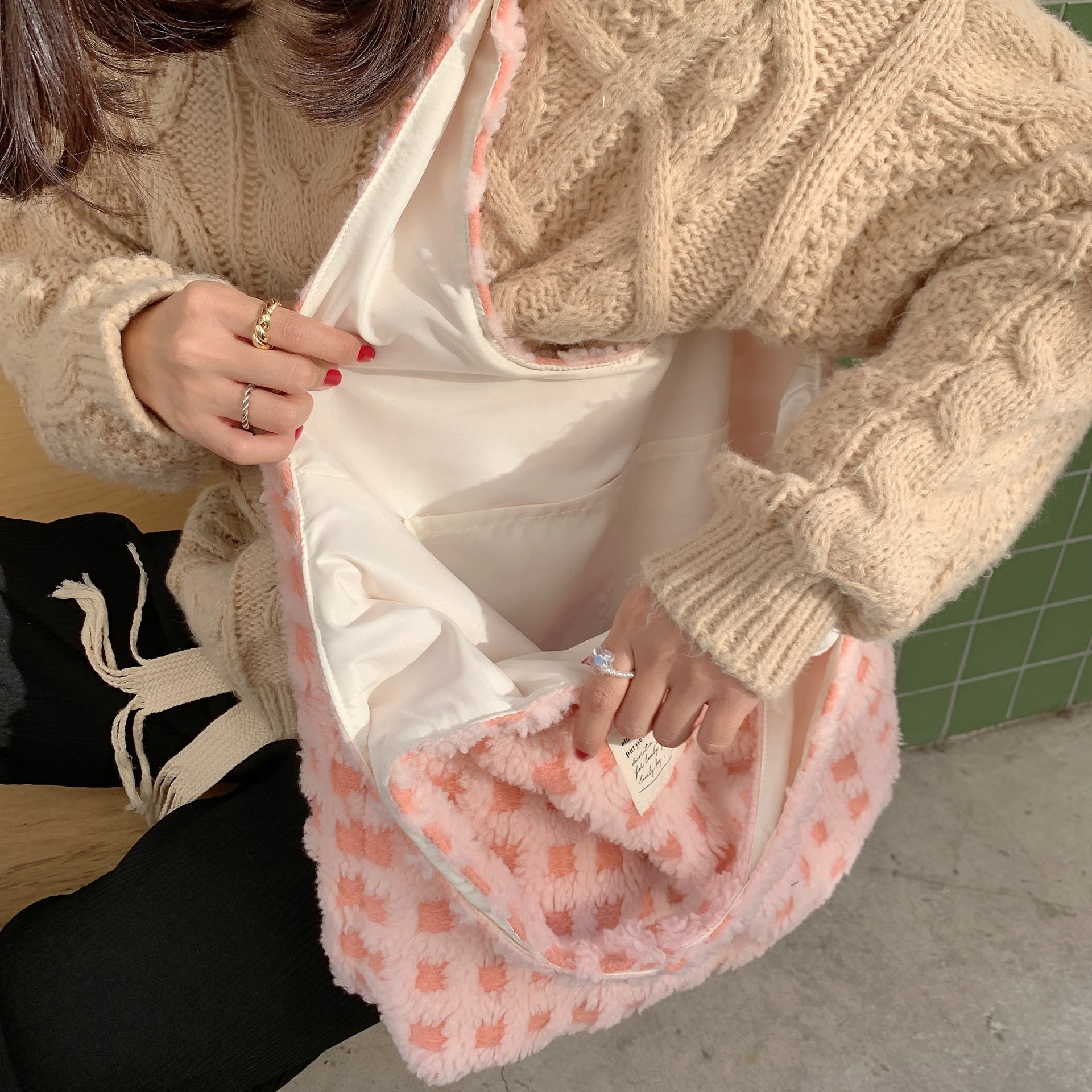 Waffle Flannel Bag Tote Bag Large Capacity Commute Minimalist Student Class Bag view 10