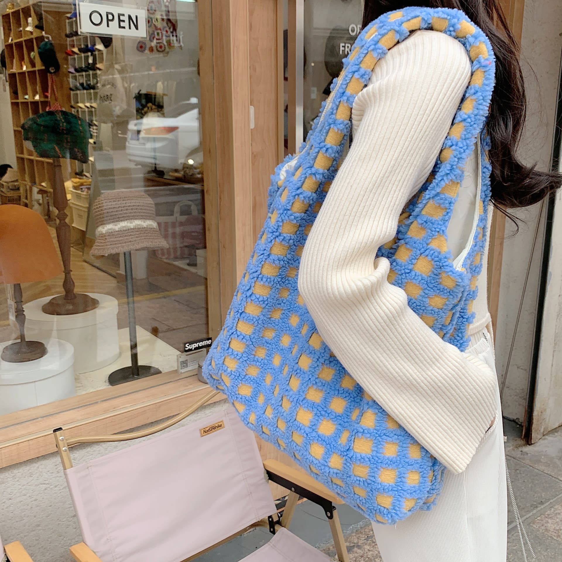 Waffle Flannel Bag Tote Bag Large Capacity Commute Minimalist Student Class Bag view 23