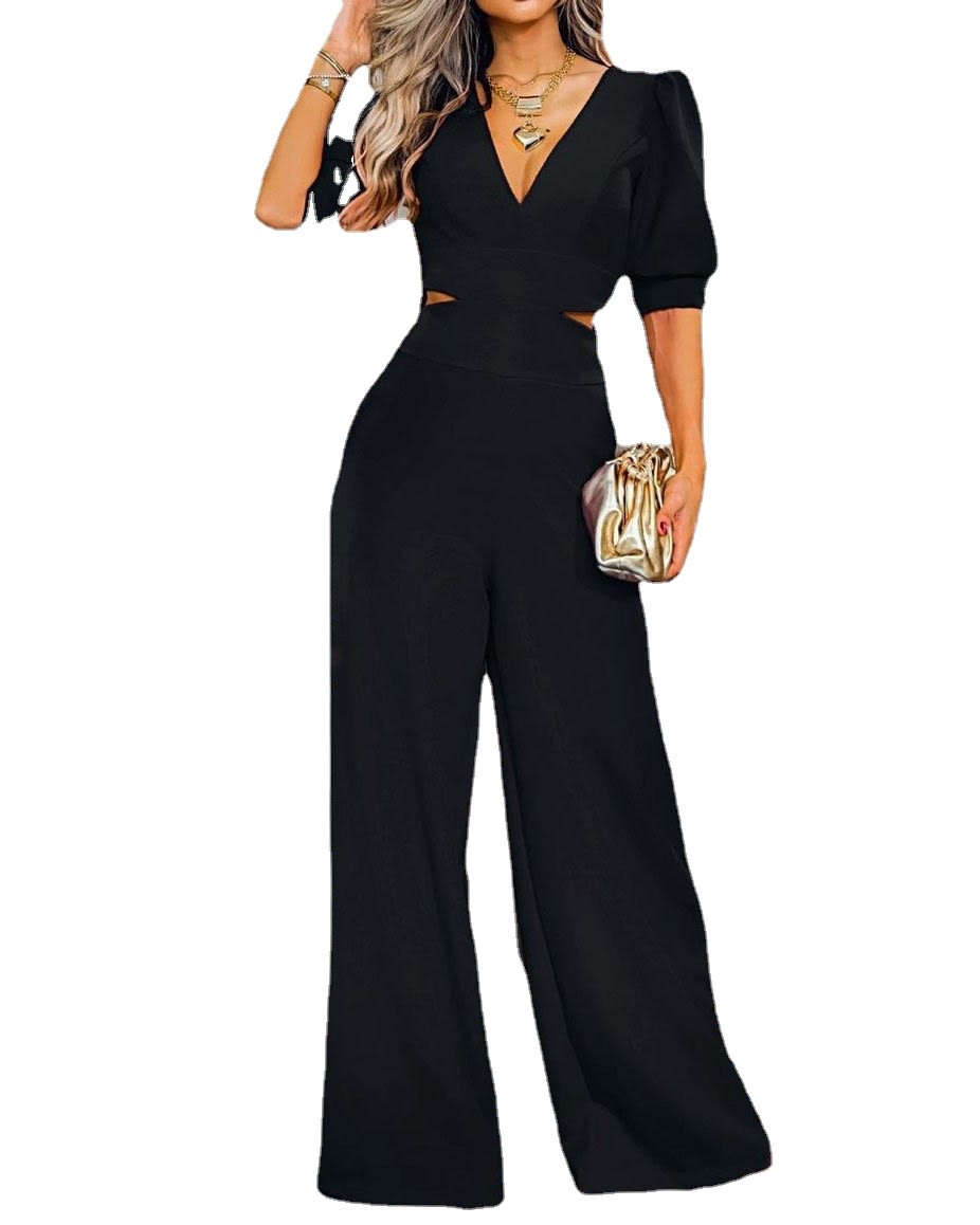 Fashion Women's Wear Puff Sleeve V-neck Loose Jumpsuit view 3