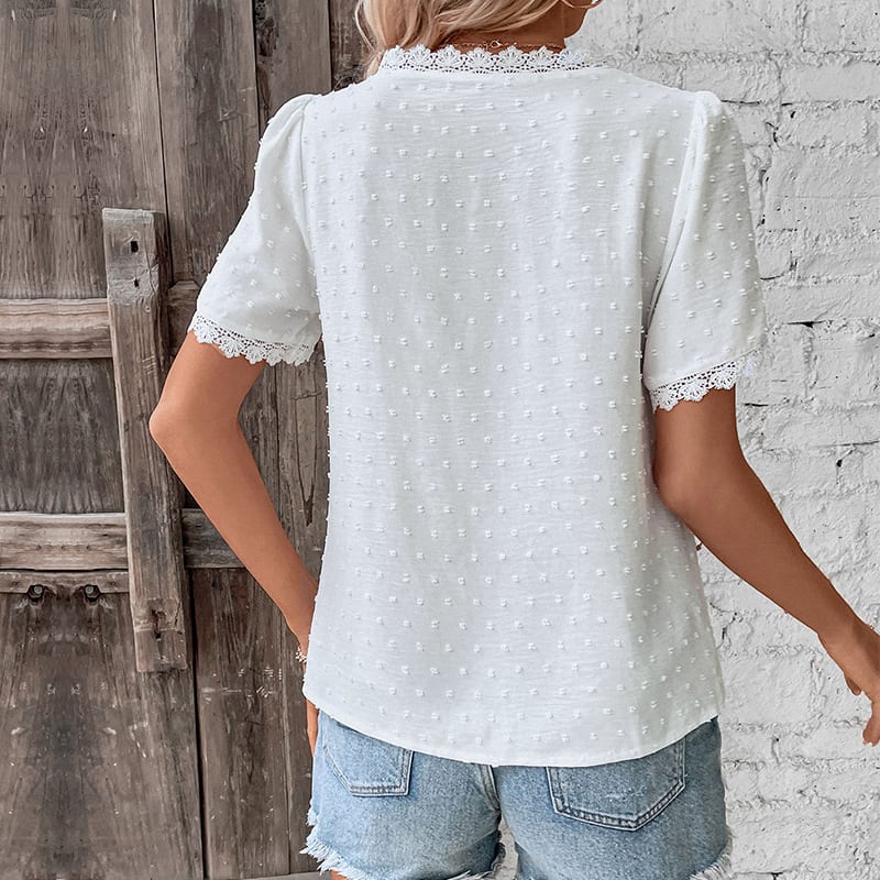 Lace V-neck T-shirt Summer Fashion Short-sleeved Blouse Shirt Women's Solid Color Clothing view 8