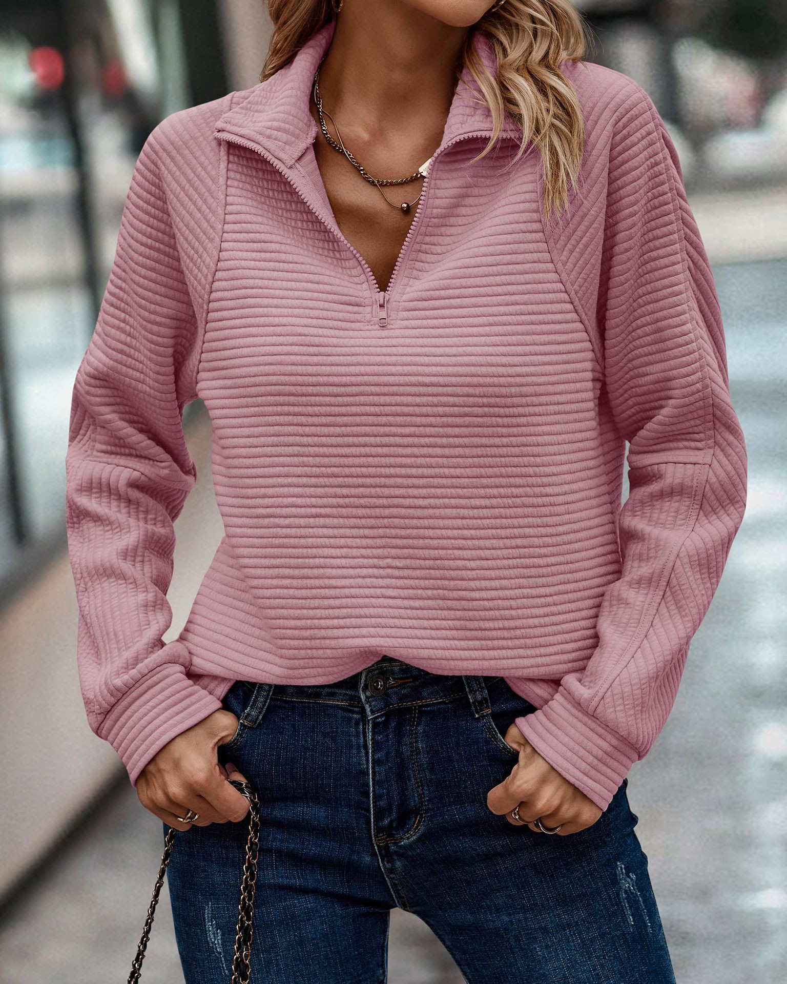 Zipper Stand Collar Pullover Sweatshirt Fashion Solid Striped Long Sleeve Top Spring And Autumn Women's Clothing view 3