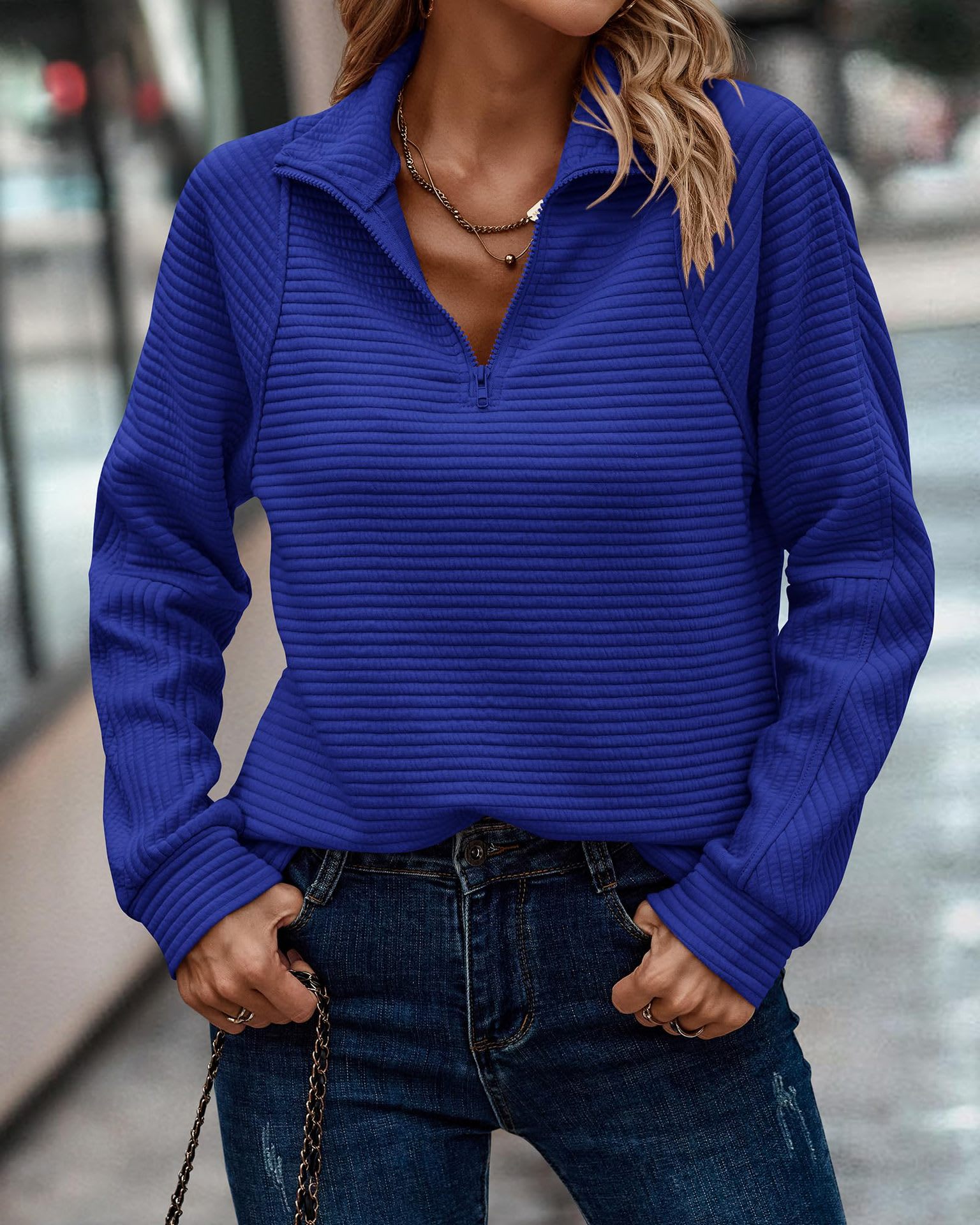 Zipper Stand Collar Pullover Sweatshirt Fashion Solid Striped Long Sleeve Top Spring And Autumn Women's Clothing view 7
