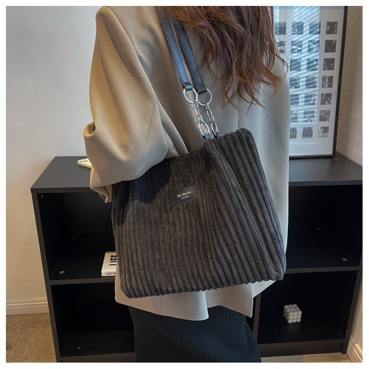 Retro Large Capacity Shoulder Bag Casual Simple Portable Shopper Tote Bag Corduroy Solid Commuter Zipper Women's Handbag view 20