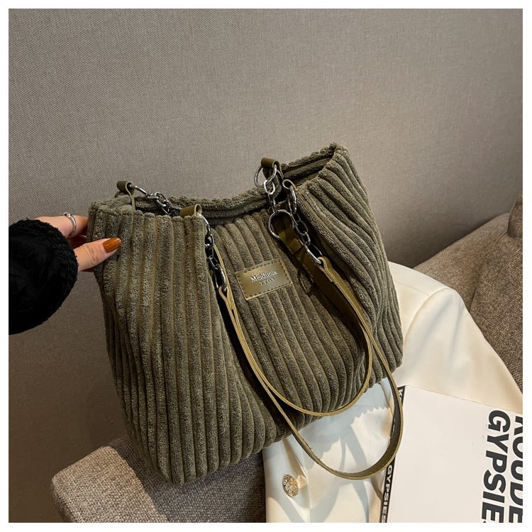 Retro Large Capacity Shoulder Bag Casual Simple Portable Shopper Tote Bag Corduroy Solid Commuter Zipper Women's Handbag view 21